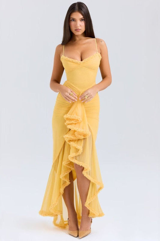 Ruffled Long Dress Lisa - Yellow, Burgundy