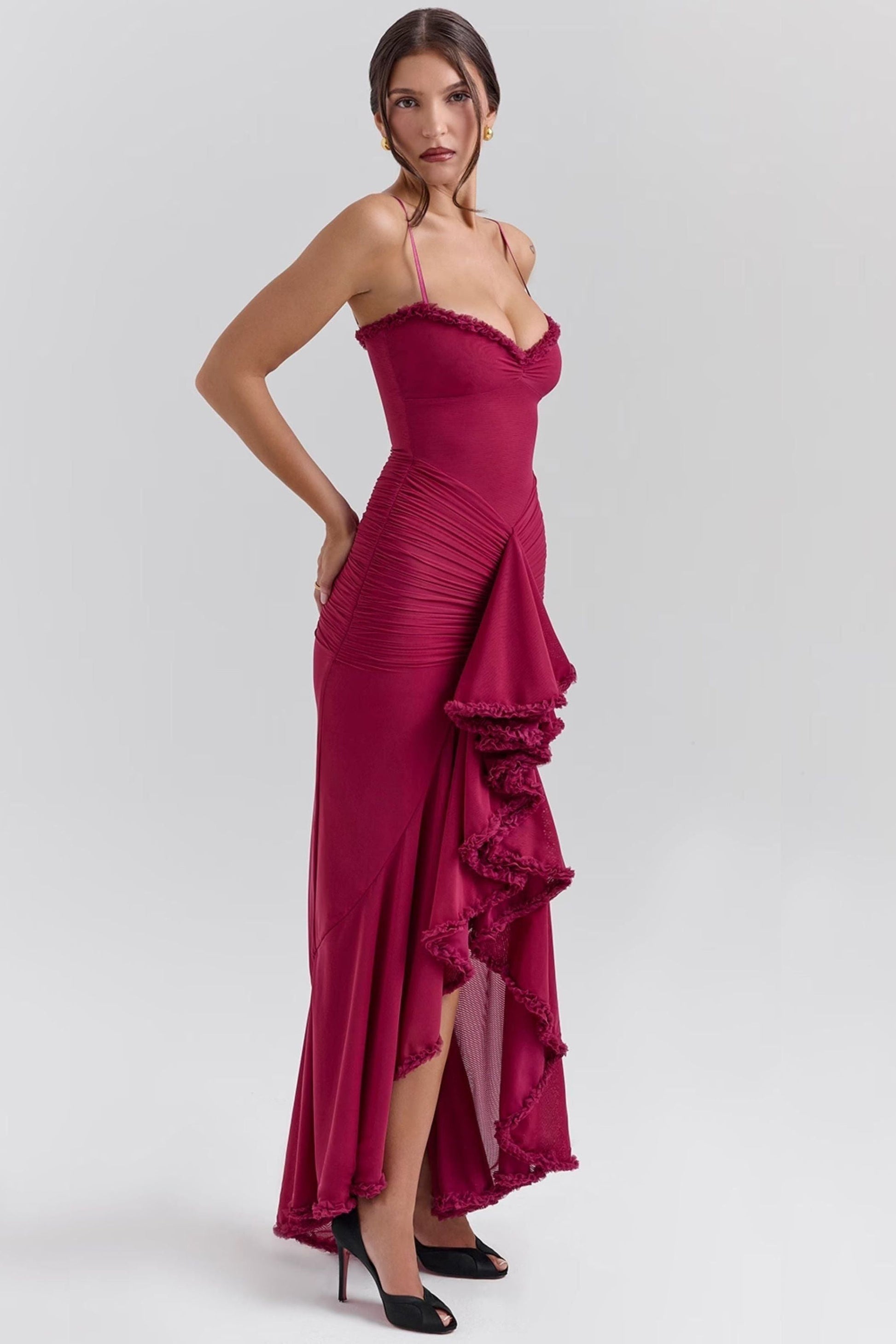 Ruffled Long Dress Lisa - Yellow, Burgundy