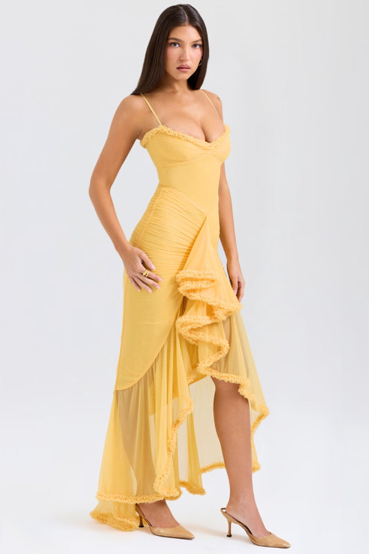 Ruffled Long Dress Lisa - Yellow, Burgundy