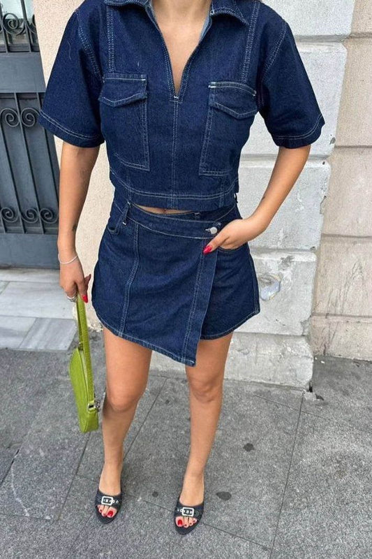 Zephara - Denim Cropped-Top & Skirt Two-Piece Set