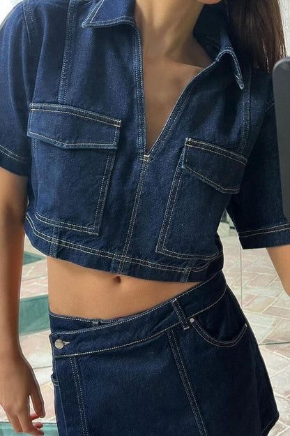 Zephara - Denim Cropped-Top & Skirt Two-Piece Set