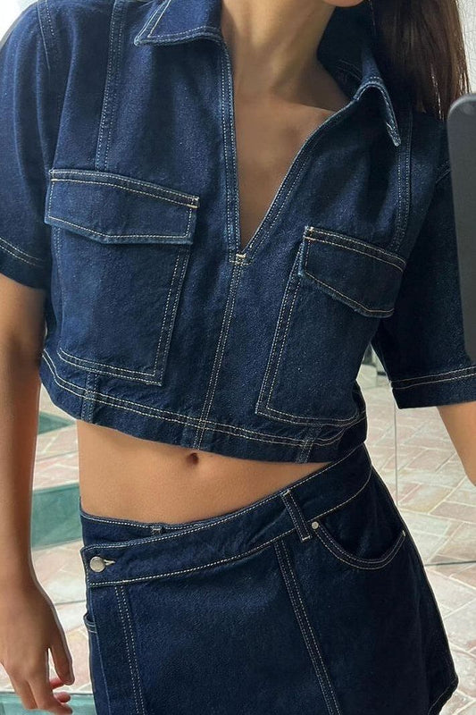 Zephara - Denim Cropped-Top & Skirt Two-Piece Set