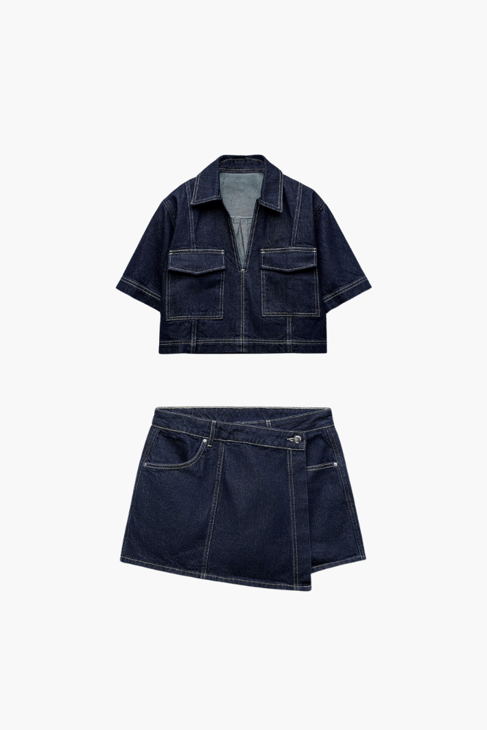 Zephara - Denim Cropped-Top & Skirt Two-Piece Set