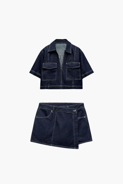 Zephara - Denim Cropped-Top & Skirt Two-Piece Set